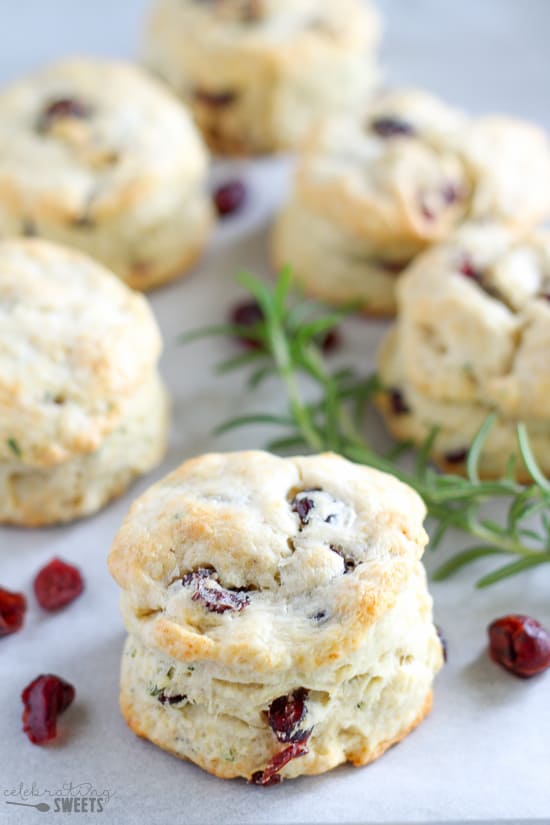 Cranberry muffins on a baking sheet garnished with rosemary.