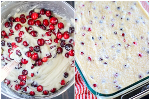 Cranberry cake batter in a bowl and in a baking dish.