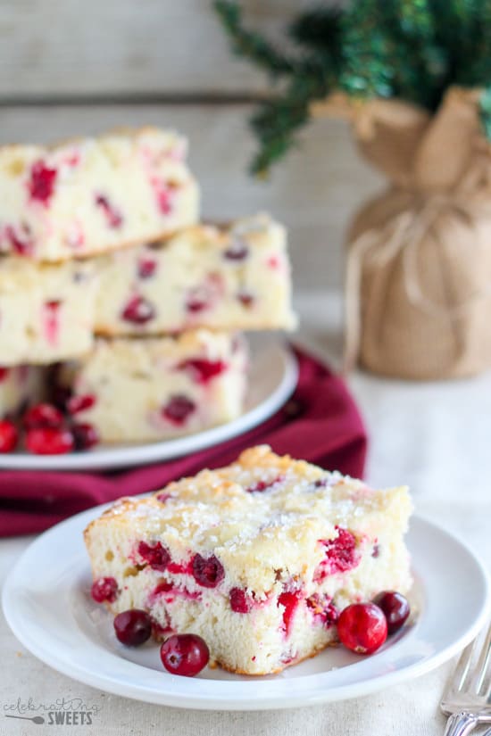 Cranberry cake on a white plate.