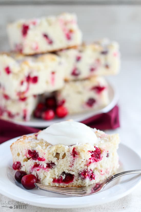 Cranberry cake on a white plate.