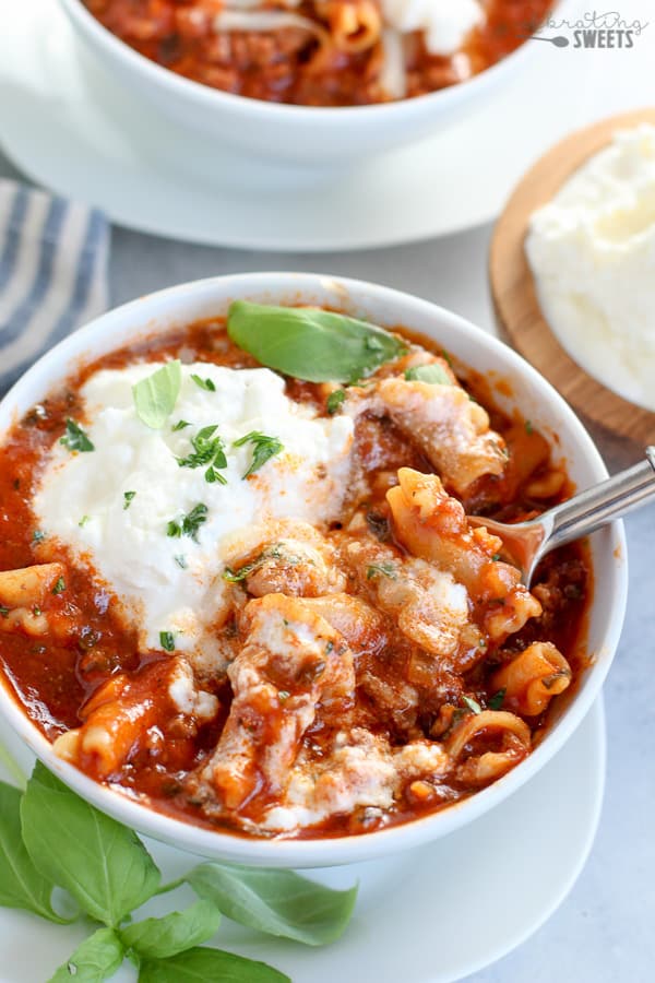 Lasagna Soup topped with ricotta cheese