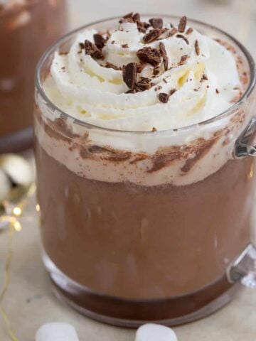 Mug of hot chocolate topped with whipped cream