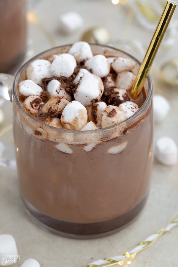 Mug of hot chocolate topped with mini marshmallows