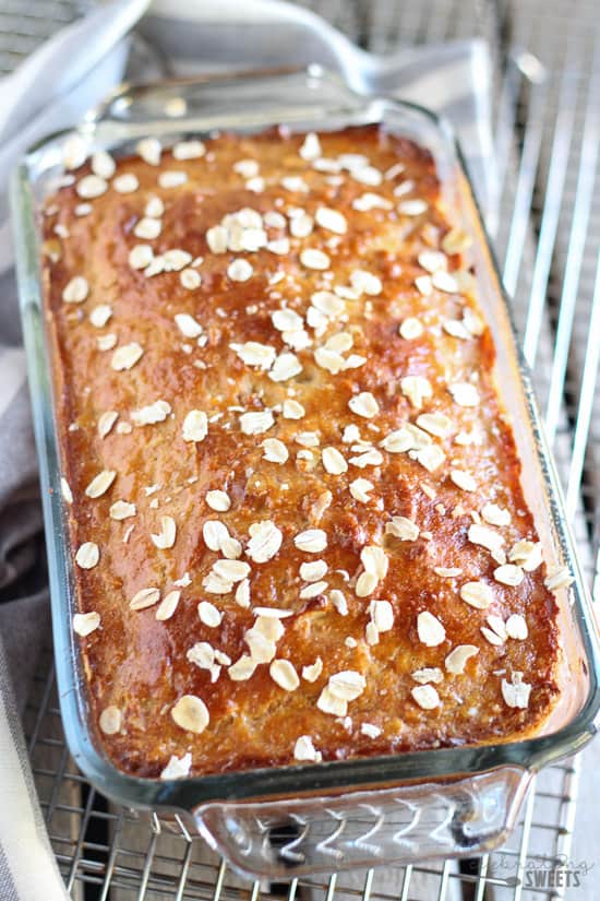 Loaf of bread in a glass loaf pan.