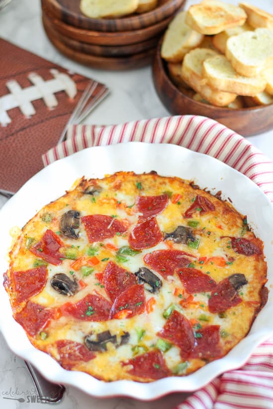 Pizza Dip with Garlic Bread Dippers - Celebrating Sweets