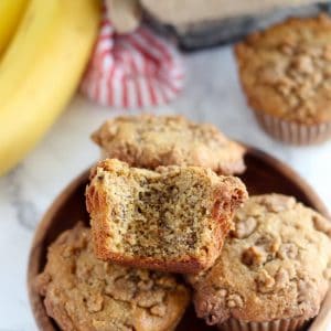 Wooden plate with banana muffins.