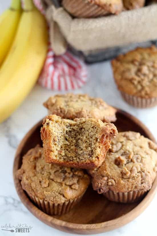 Wooden plate with banana muffins. 