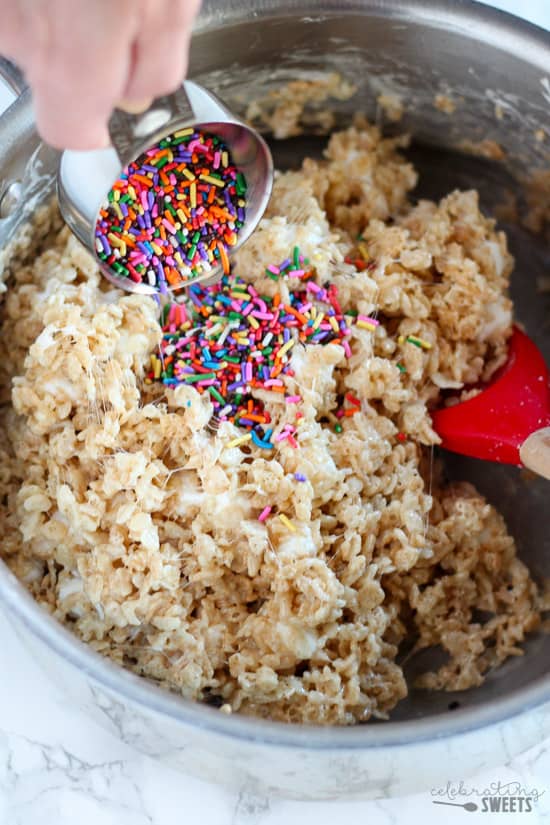 Rice krispies in a bowl with sprinkles.