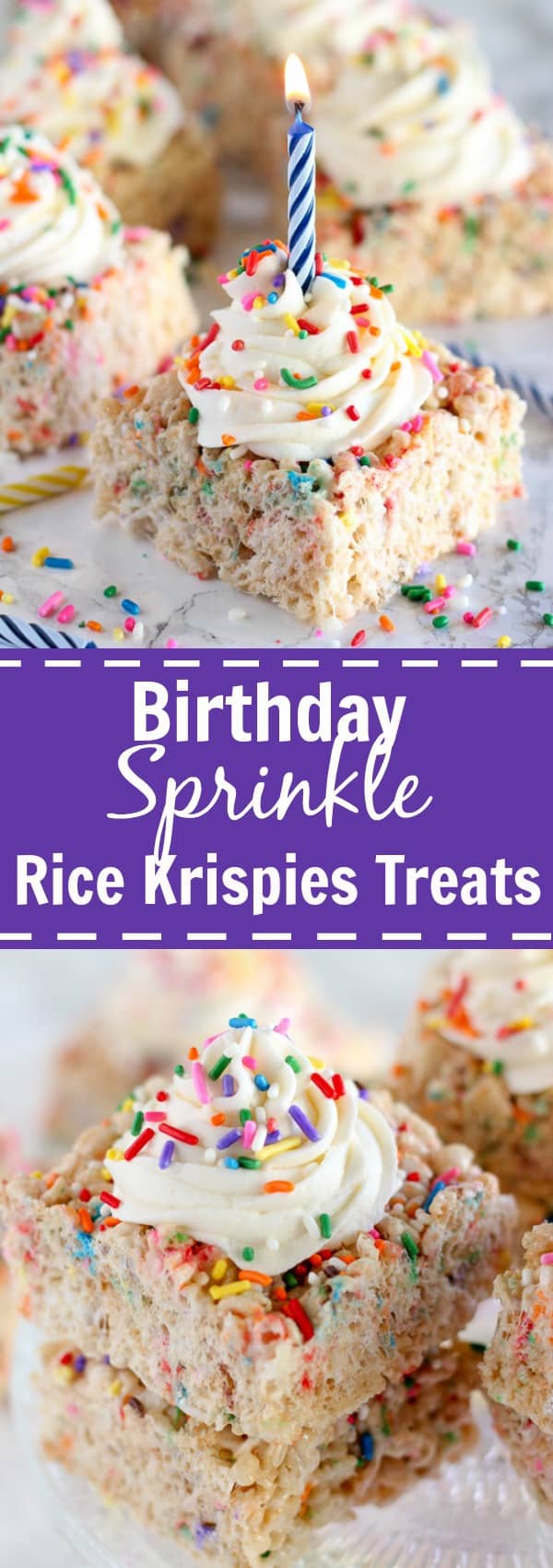 Rice krispies topped with sprinkles and frosting.