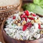 Chicken salad in a wooden bowl topped with dried cranberries.