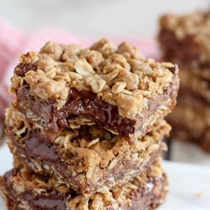 Stack of oatmeal bars filled with chocolate