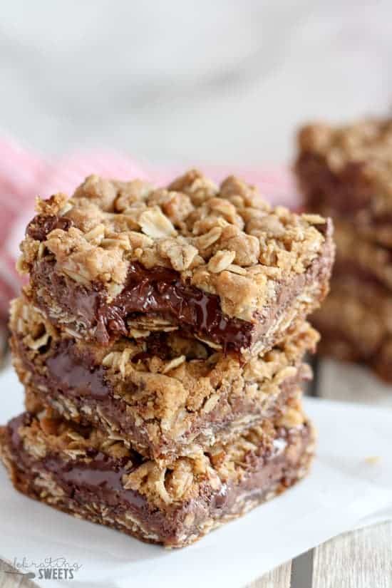 Stack of oatmeal bars filled with chocolate