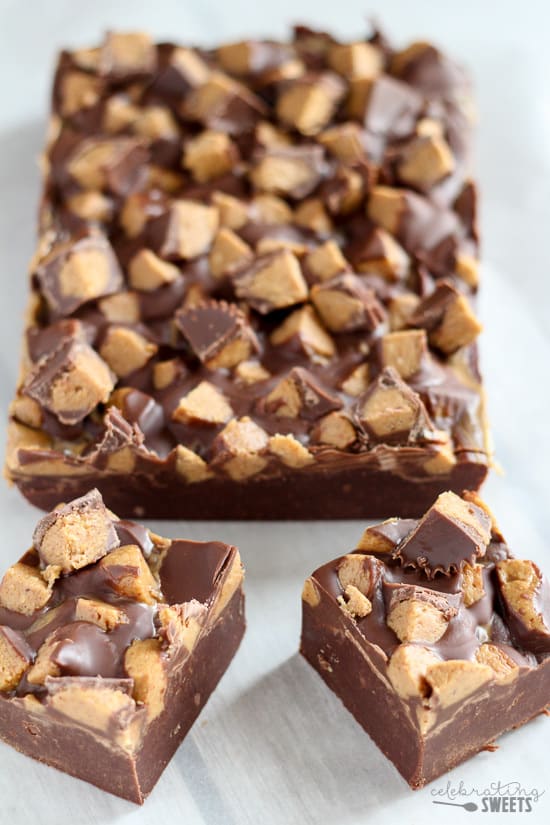 Fudge topped with peanut butter cups.