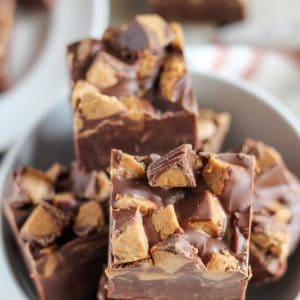 Fudge topped with chopped peanut butter cups.