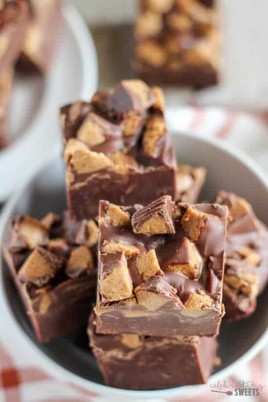Fudge topped with chopped peanut butter cups.
