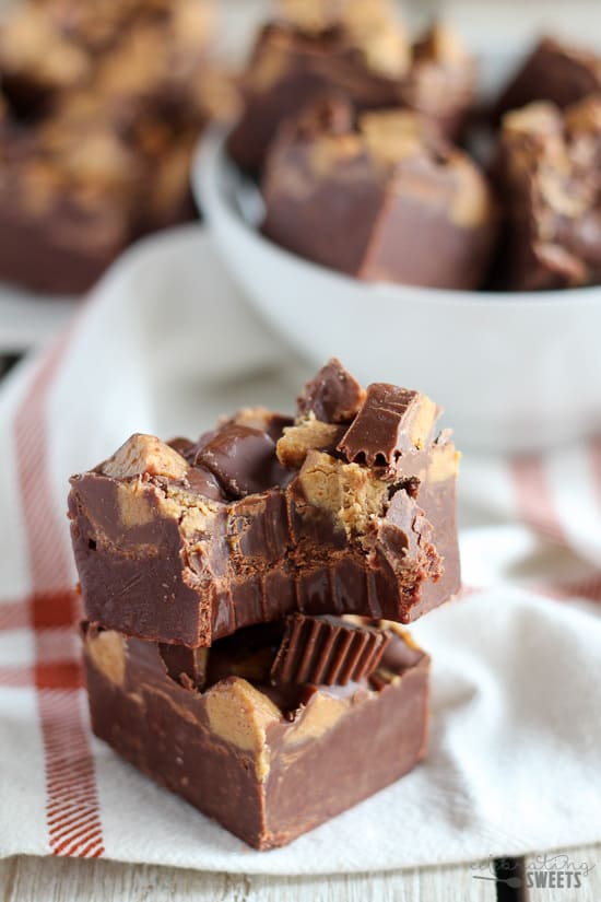 Fudge topped with peanut butter cups.
