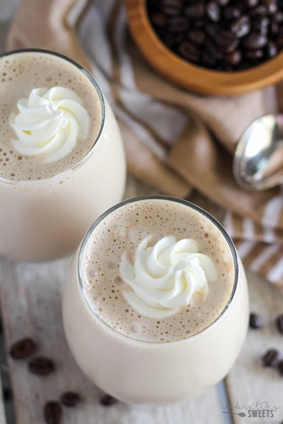 Coffee smoothie topped with whipped cream.