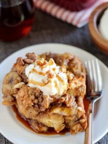 Banana french toast casserole on a white plate.