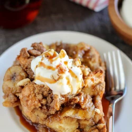 Banana french toast casserole on a white plate.