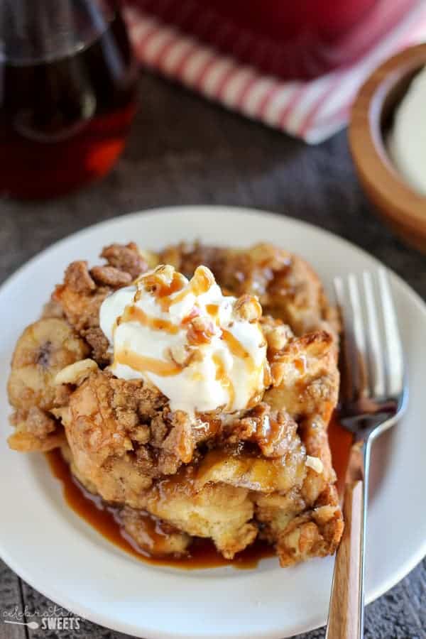 Banana french toast casserole on a white plate.