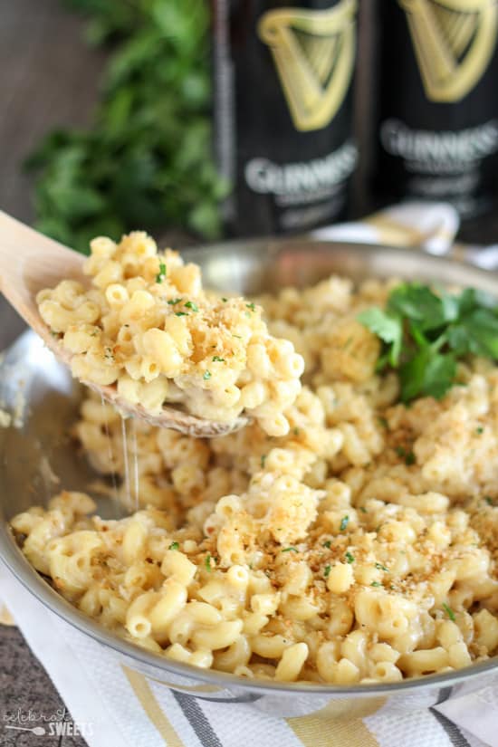 Macaroni and cheese in a skillet.