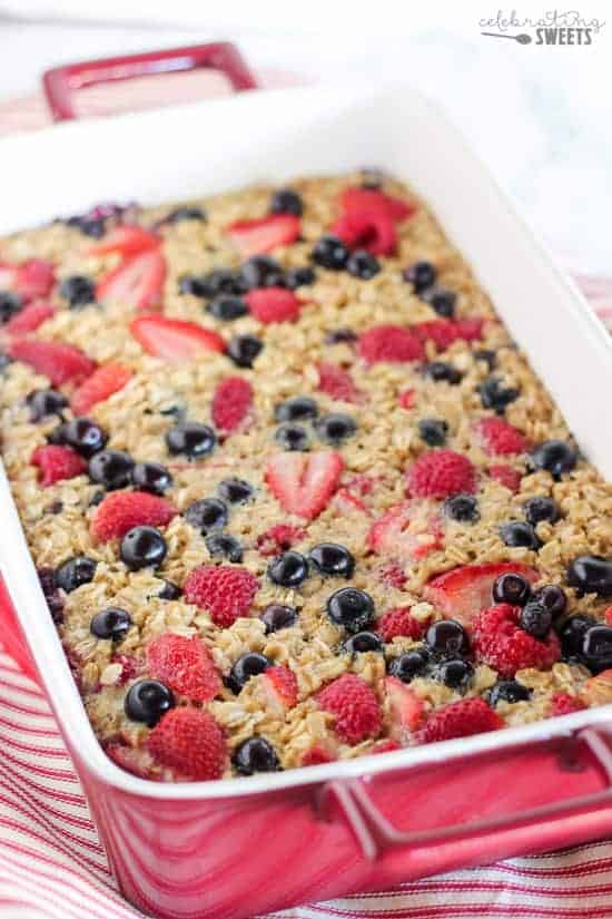 Baked oatmeal topped with berries.