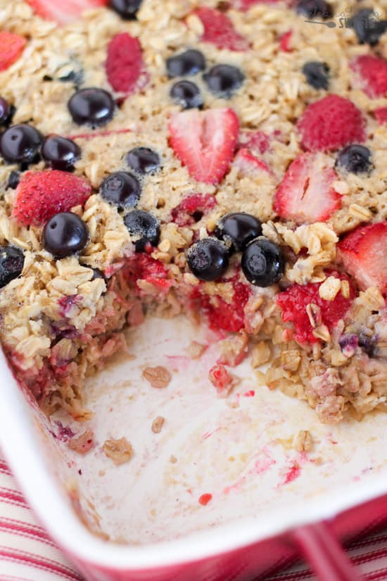 Close up of baked oatmeal with berries.