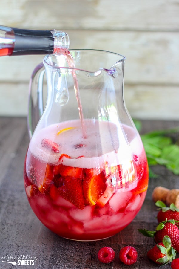 Pitcher of strawberry sangria.