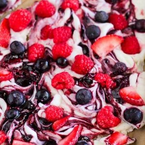 Frozen yogurt bark topped with berries.