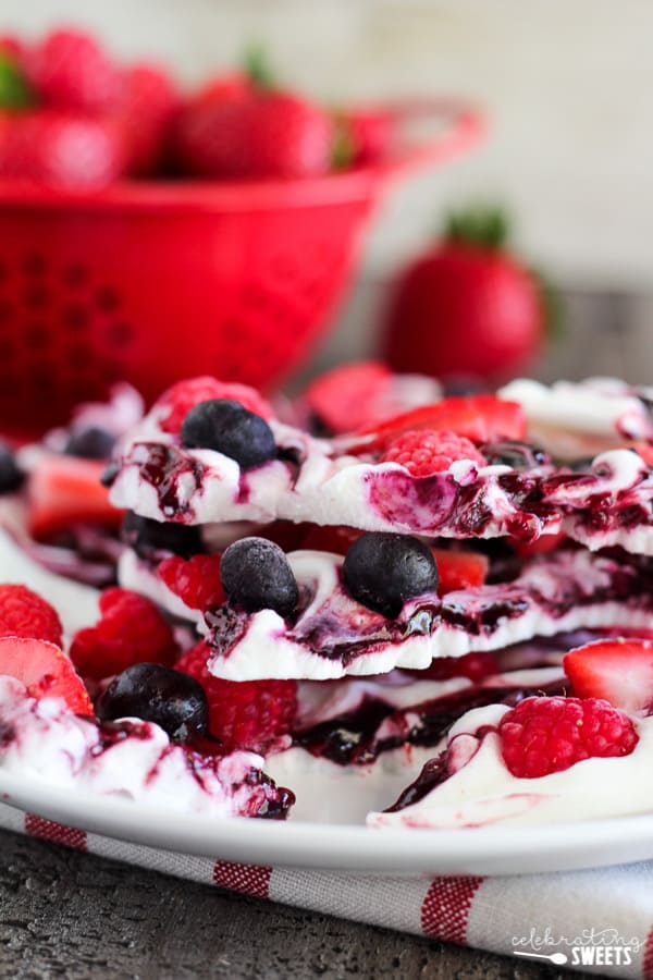 Closeup of frozen yogurt bark with berries. 