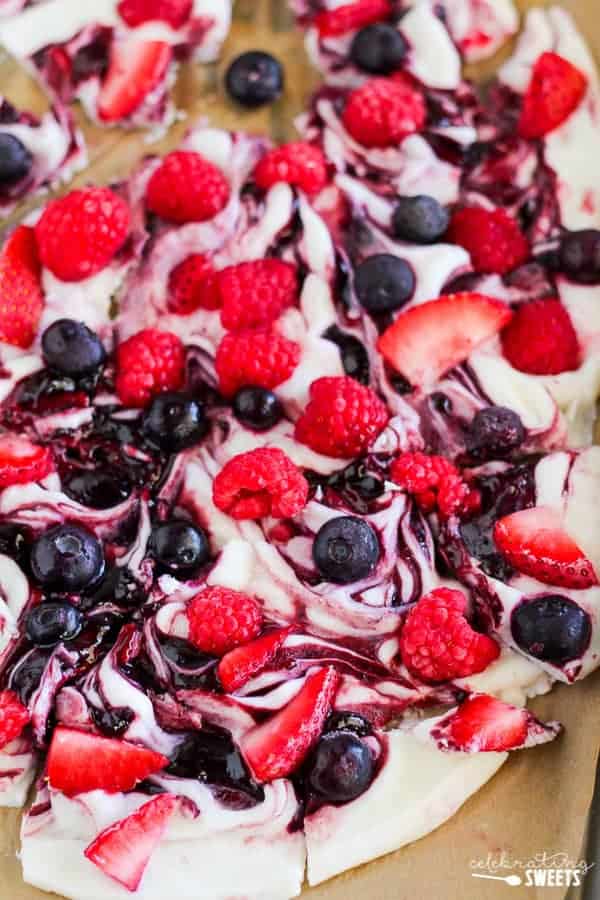 Frozen yogurt bark topped with berries.