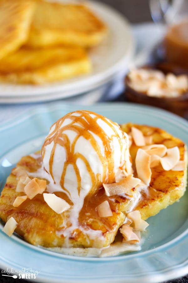 Grilled Pineapple topped with Coconut Ice Cream Celebrating Sweets