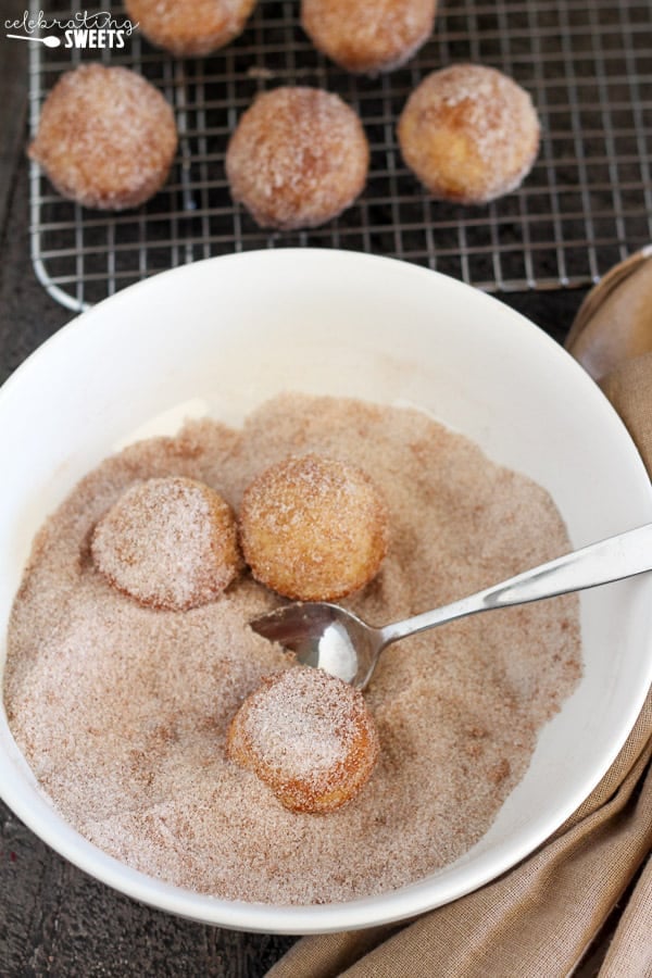 Donut holes in a bowl of cinnamon sugar.