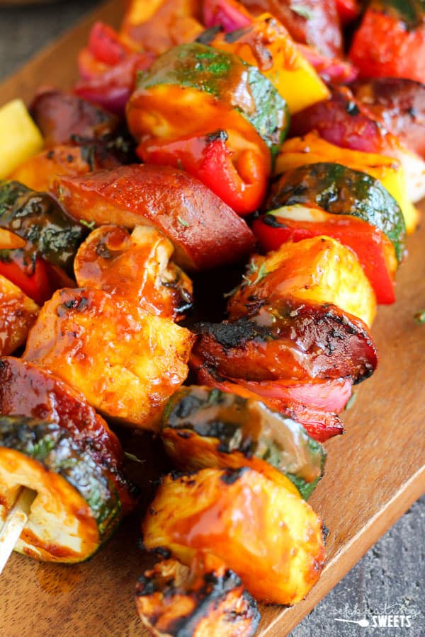 Skewers with grilled sausage and vegetables.