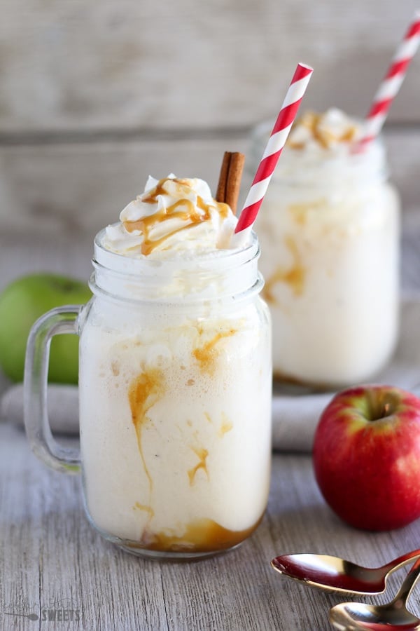Apple cider float in a mason jar with caramel sauce. 