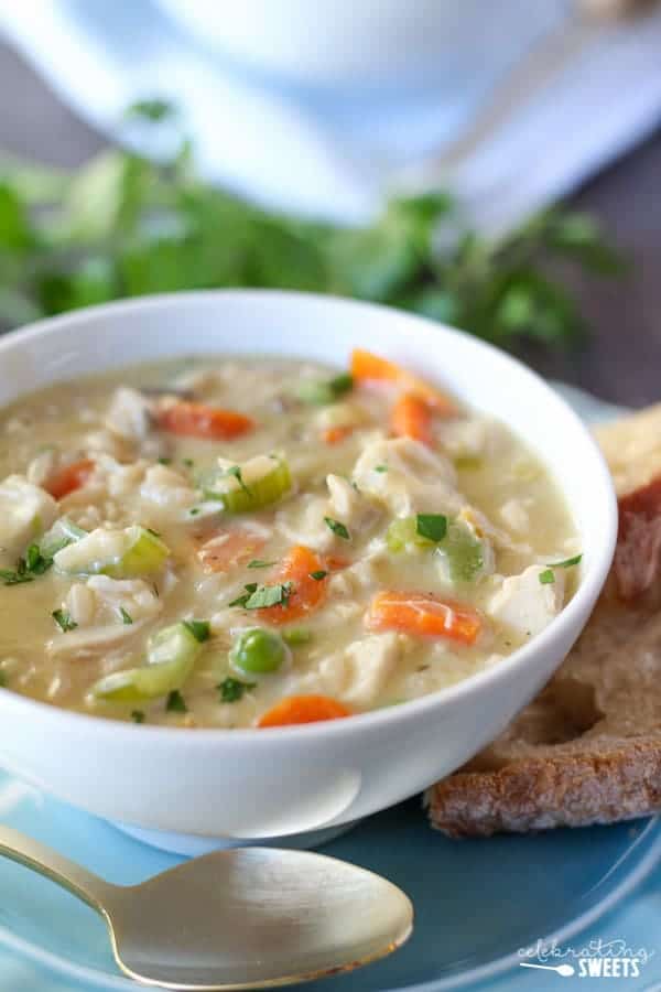 A bowl of chicken rice soup