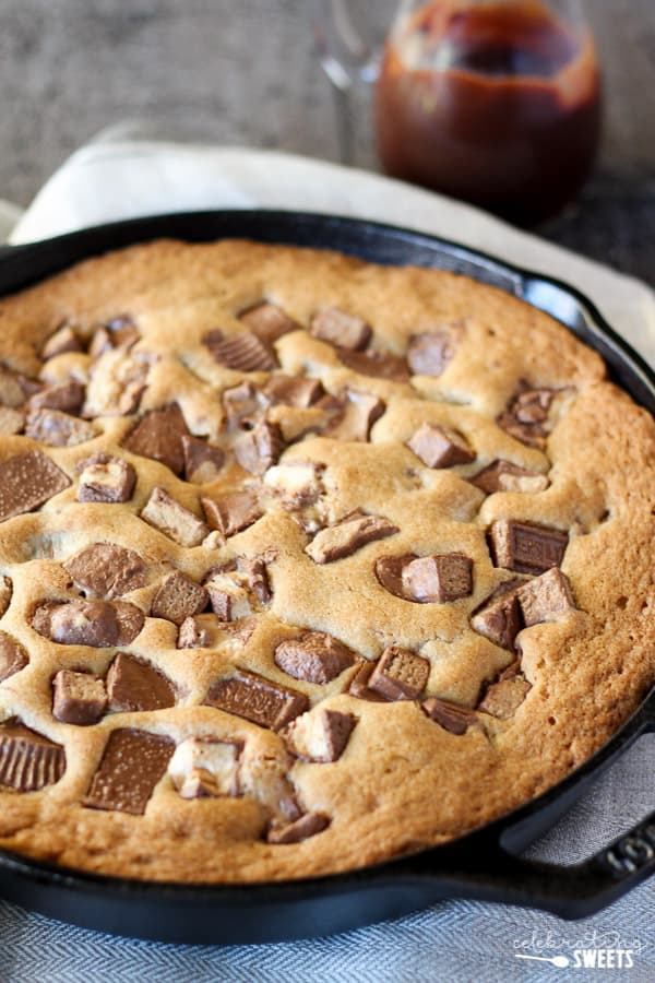 Skillet Cookie filled with Candy Bars - Celebrating Sweets