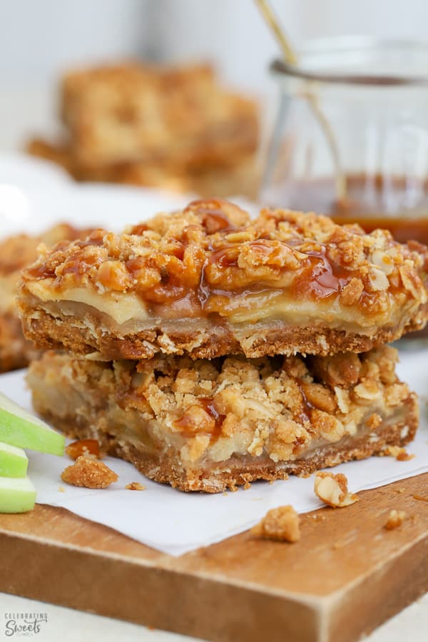 Apple Crumb Bars topped with salted caramel.