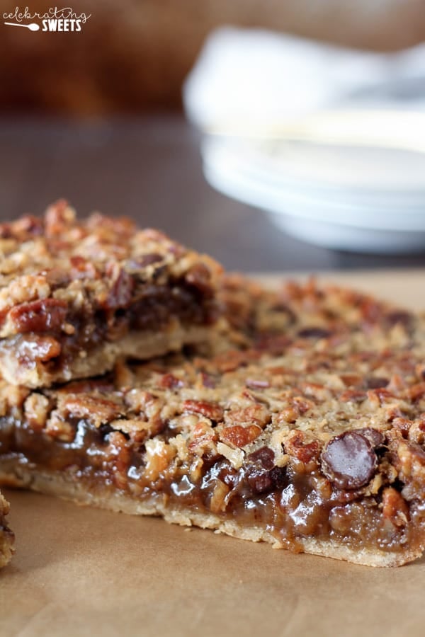 Pecan pie bars with chocolate and coconut