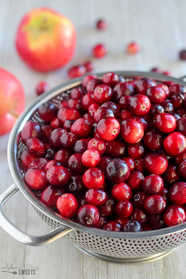 Fresh cranberries in a colander. 