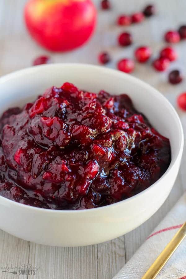 Cranberry sauce in a white bowl.