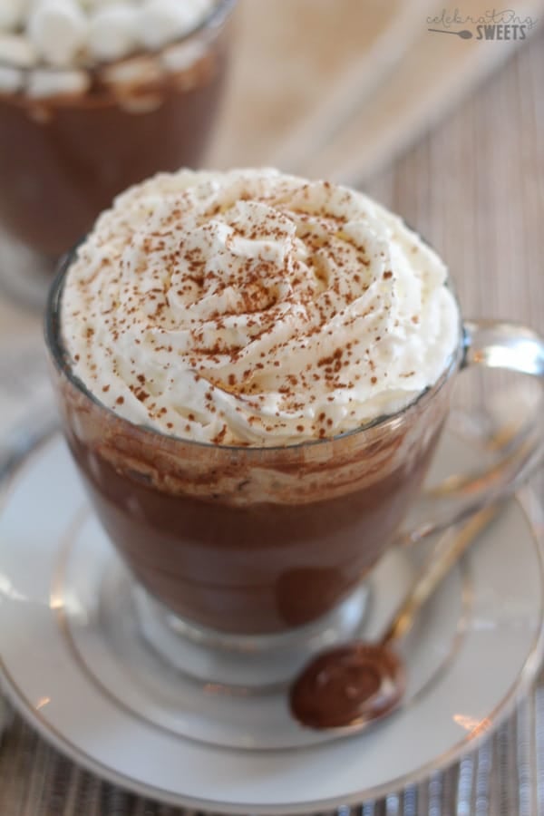Mug of nutella hot chocolate topped with whipped cream.