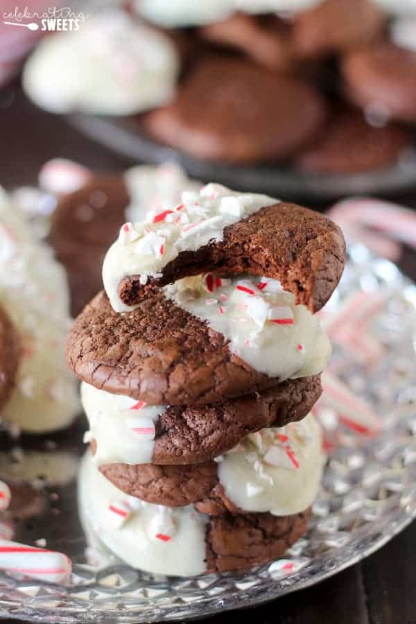 Chocolate cookies dipped in melted white chocolate.