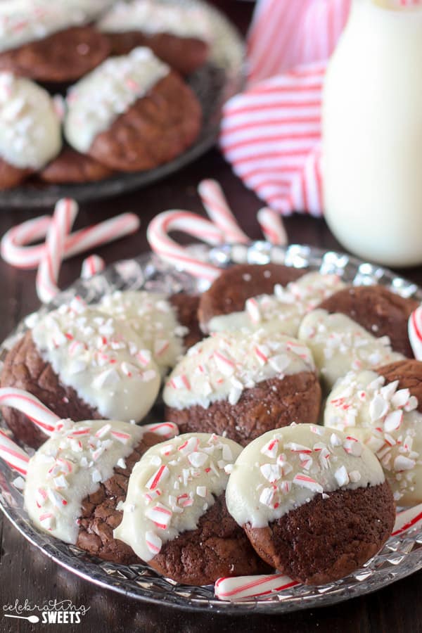 Chocolate cookies dipped in melted white chocolate.