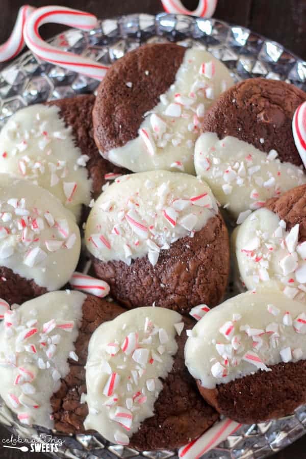 Plate of chocolate cookies dipped in white chocolate.