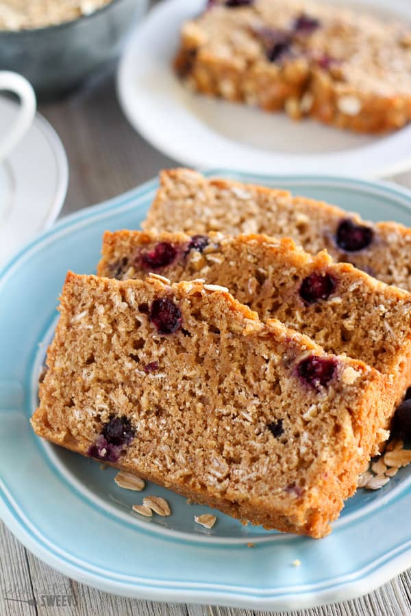 Slices of blueberry oatmeal bread.