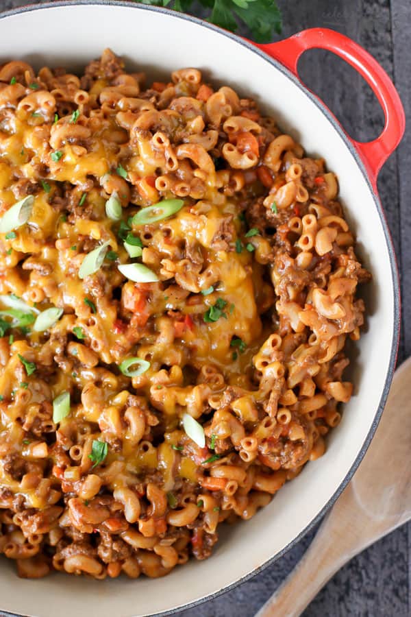 Macaroni casserole in a skillet.