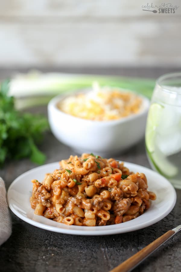 Macaroni casserole on a white plate.