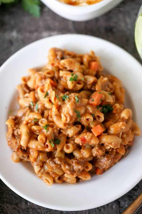 Macaroni casserole on a white plate.