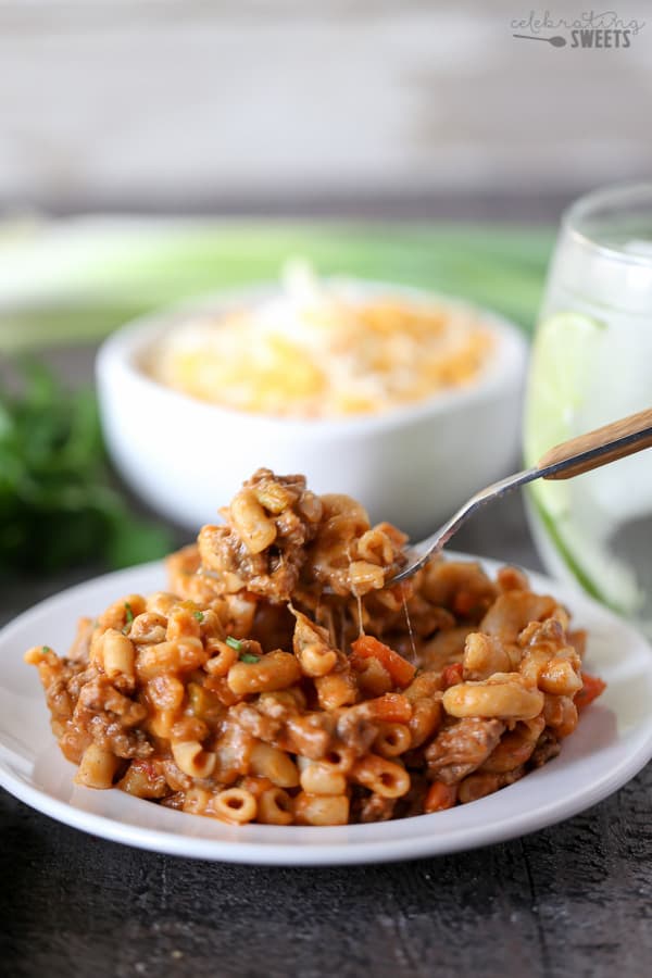 Macaroni casserole on a white plate.